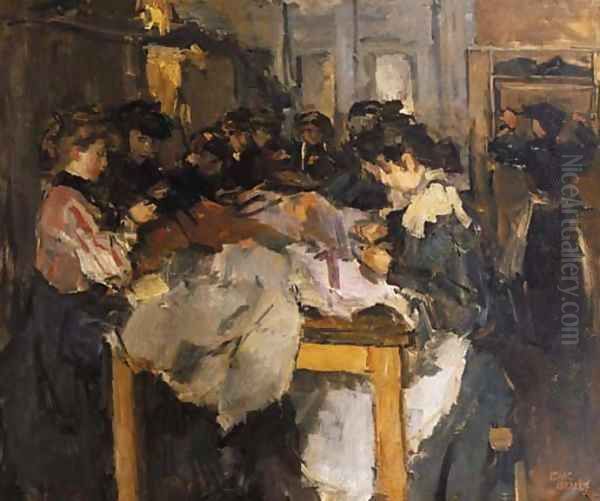 Atelier costume naaisters Oil Painting by Isaac Lazarus Israels