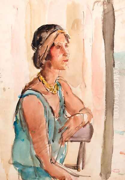 A lady wearing a blue summer dress (recto and verso) Oil Painting by Isaac Lazarus Israels