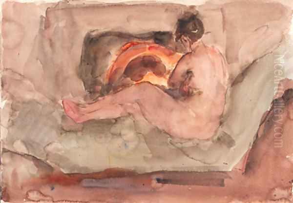 A reclining nude in front of a fire-place Oil Painting by Isaac Lazarus Israels