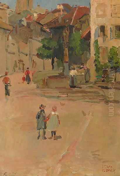 Figures by the St. Anne fountain in Fribourg, Switzerland Oil Painting by Isaac Lazarus Israels