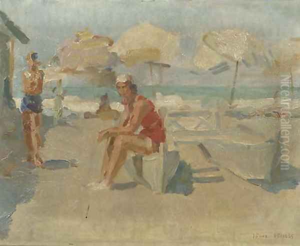 Lidostrand met parasols en bootjes at the beach of the Lido, Venice Oil Painting by Isaac Lazarus Israels