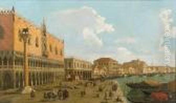 A View Of The Riva Degli 
Schiavoni With The Palazzo Ducale Di Venezia And The Bridge Of Sighs And
 Figures In The Foreground Oil Painting by (Giovanni Antonio Canal) Canaletto