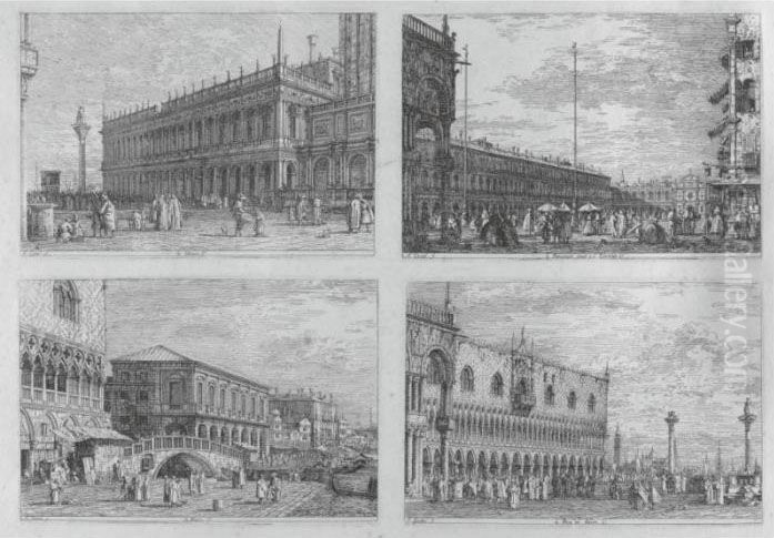 La Libreria. V.; La Piera Del 
Bando. V.; Le Preson. V. ; Le Procuratie Novie E S. Ziminian V. ( B.18, 
19, 21, 25) Oil Painting by (Giovanni Antonio Canal) Canaletto