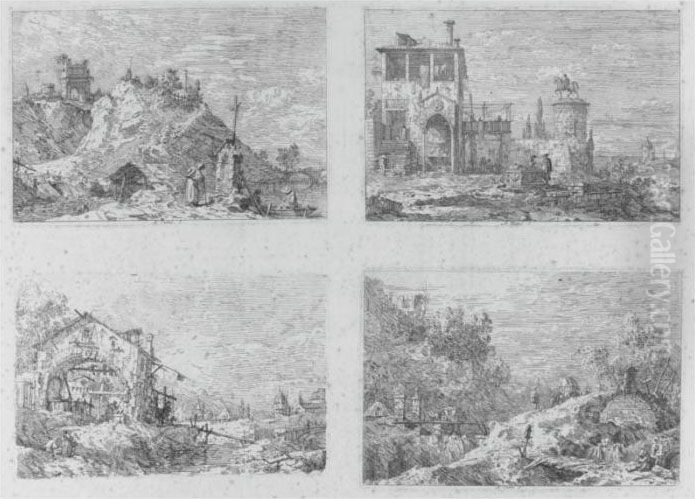 Mountain Landscape With Five 
Bridges; The Equestrian Monument; Landscape With The Pilgrim At Prayer; 
Landscape With A Woman At A Well (b. 22, 23, 27, 29) Oil Painting by (Giovanni Antonio Canal) Canaletto