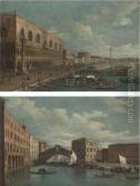 Venice, A View Of The Rialto Bridge;
 Venice, A View Of The Riva Degli Schiavoni Oil Painting by (Giovanni Antonio Canal) Canaletto