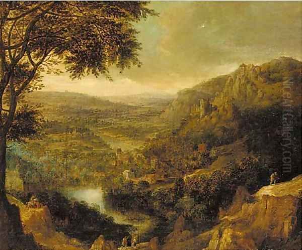 A Rhenish landscape with peasants on mountain tracks Oil Painting by Jan Griffier I