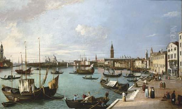 The Riva Degli Schiavoni And The
 Basino Di San Marco Looking West Towards Santa Maria Della Salute Oil Painting by (Giovanni Antonio Canal) Canaletto