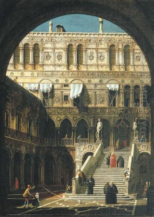 The Courtyard Of The Ducal 
Palace, Venice, With The Scala Deigiganti From Underneath The Arco 
Foscari Oil Painting by (Giovanni Antonio Canal) Canaletto