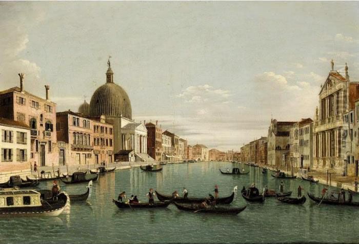 Venice, A View Of The Grand 
Canal Looking South West From The Chiesa Degli Scalzi To The Fondamenta 
Della Croce, With San Simeone Piccolo Oil Painting by (Giovanni Antonio Canal) Canaletto