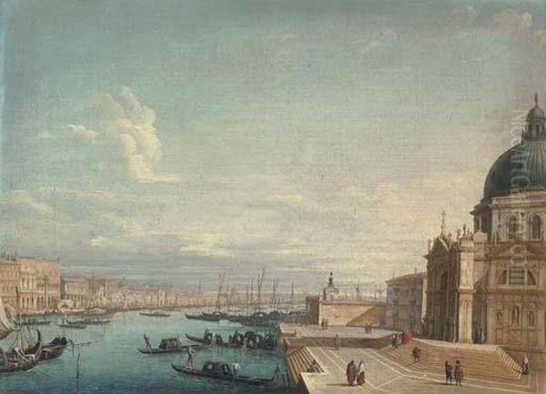 Venice: The Entrance Of Grand 
Canal Looking East With Santa Mariadella Salute And The Dogana, The 
Bacino Of San Marco Beyond Oil Painting by (Giovanni Antonio Canal) Canaletto