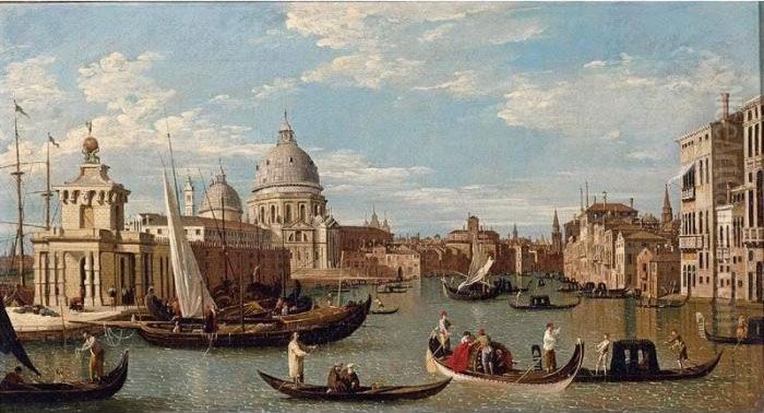 View Of The Grand Canal And 
Santa Maria Della Salute With Boats And Figures In The Foreground, 
Venice Oil Painting by (Giovanni Antonio Canal) Canaletto