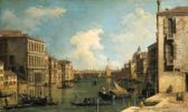 The Grand Canal, Venice, Looking
 East From The Campo Di San Vio,with The Palazzo Corner, Barges And 
Gondolas, The Dome Of Santamaria Della Salute, The Dogana And The Riva 
Degli Schiavonibeyond Oil Painting by (Giovanni Antonio Canal) Canaletto