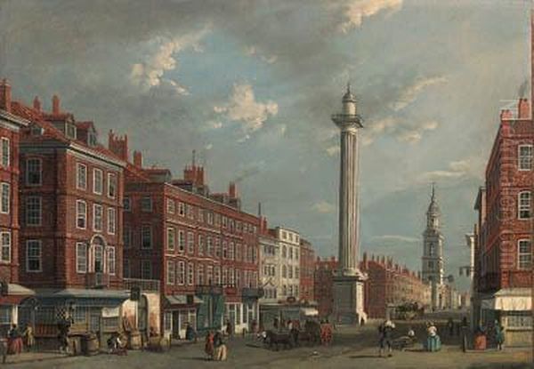 View Of The Monument From 
Gracechurch Street Looking Towards Fishstreet Hill And Old London 
Bridge, With St. Magnus Martyrbeyond Oil Painting by (Giovanni Antonio Canal) Canaletto