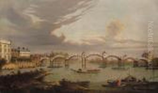 View Of Hampton Court Bridge, 
With Boats On The River Thames Andking Henry Viii's Chapel Beyond Oil Painting by (Giovanni Antonio Canal) Canaletto