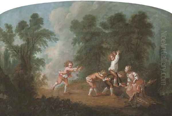 A wooded landscape with children playing leap-frog Oil Painting by Jean-Baptiste Huet