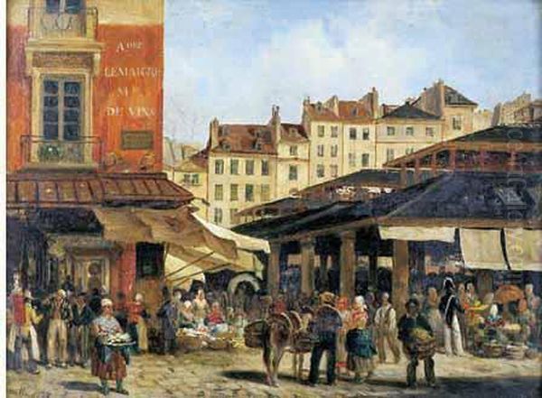 Les Halles Et La Rue De La Tonnellerie A Paris Oil Painting by Guiseppe Canella