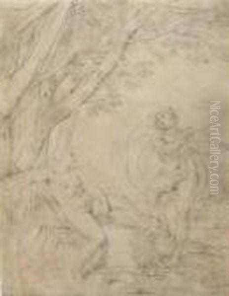 Apollo Playing His Violin To A Seated Nude Oil Painting by Simone Cantarini (Pesarese)