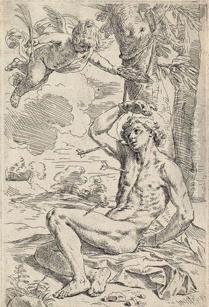 St . Sebastian Oil Painting by Simone Cantarini (Pesarese)