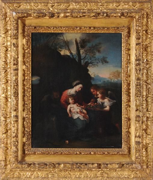 Sacra Famiglia Con Angeli Offerenti Oil Painting by Simone Cantarini (Pesarese)