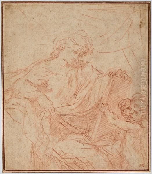 A Muse Reading A Tablet Supported By Aputto Oil Painting by Simone Cantarini (Pesarese)