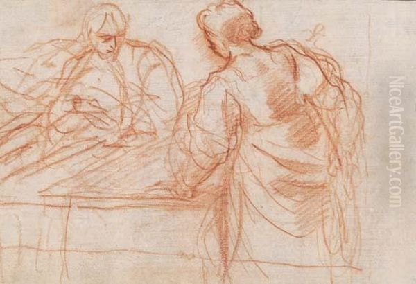 Etude De Deux Personnages (double Face) Oil Painting by Simone Cantarini (Pesarese)