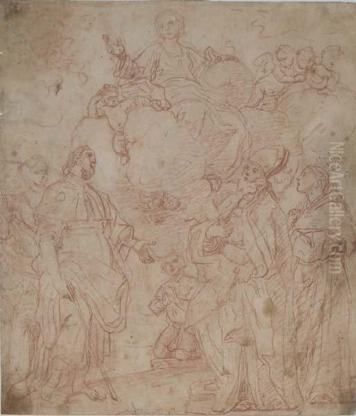 Vierge En Gloire Apparaissant A Quatresaints Oil Painting by Simone Cantarini (Pesarese)