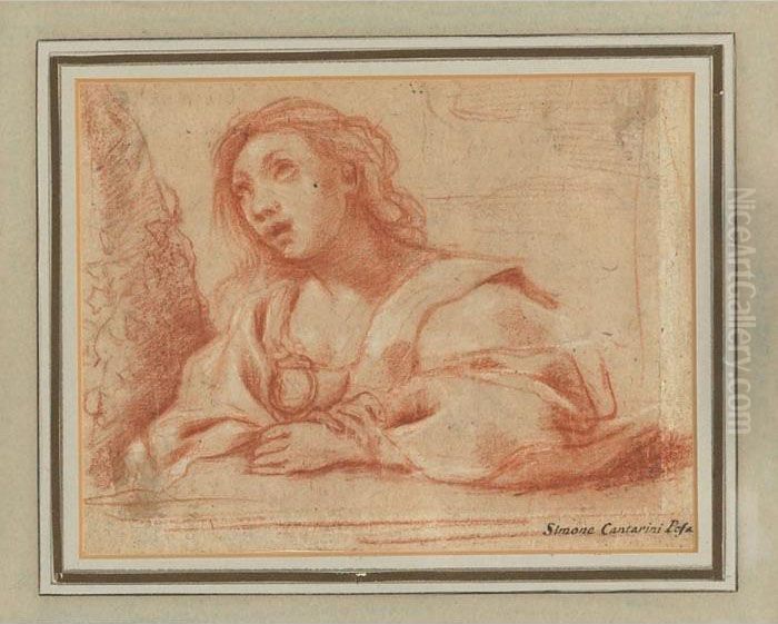 Young Woman Holding A Chalice Oil Painting by Simone Cantarini (Pesarese)