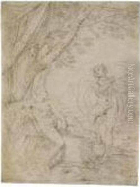 A Mythological Scene: Apollo Playing His Violin To A Seated Nude Oil Painting by Simone Cantarini (Pesarese)