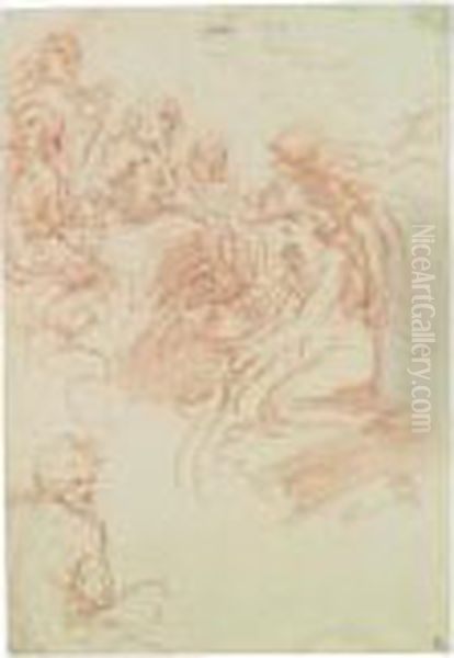 Psiche Condotta Da Mercurio Appare Inginocchiata Di Fronte A Giove Oil Painting by Simone Cantarini (Pesarese)