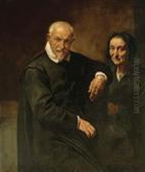 Portrait Of A Seated Gentleman And A Lady Holding A Rosary Oil Painting by Simone Cantarini (Pesarese)