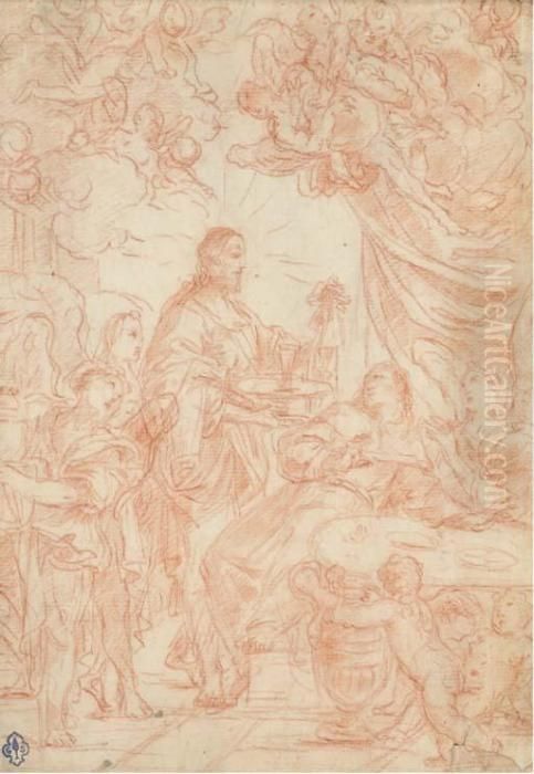 Le Christ Entoure Par Des Anges 
Portant Un Calice A Une Figureattablee (recto); Un Infirme De Profil A 
Droite Regardant Vers Lehaut (verso) Oil Painting by Simone Cantarini (Pesarese)