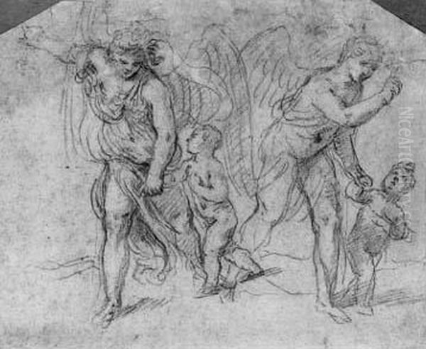 Deux Anges Tenant Un Enfant Par La Main Oil Painting by Simone Cantarini (Pesarese)