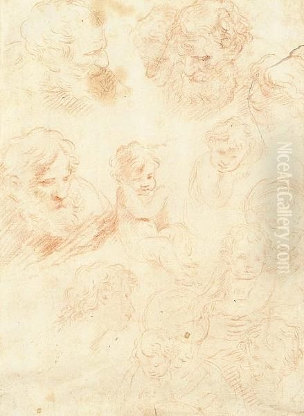 Recto: Four Studies Of The Head Of A Bearded Man And Two Bust-length Studies Of A Child
 Verso: Five Studies Of A Bearded Male Head, One Of A Child, Two Of A Youth's Head And Two Studies Of The Virgin And Child Oil Painting by Simone Cantarini (Pesarese)