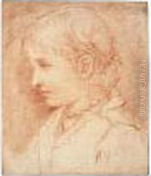 Portrait Of A Young Girl Wearing A Necklace, Seen In Profile Oil Painting by Simone Cantarini (Pesarese)