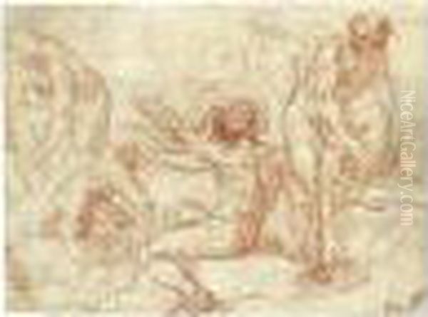 Recto: Studies Of Male Nudes For
 A Bathing Scene; Verso: Angels Appearing To A Saint Adoring The 
Crucifix Oil Painting by Simone Cantarini (Pesarese)