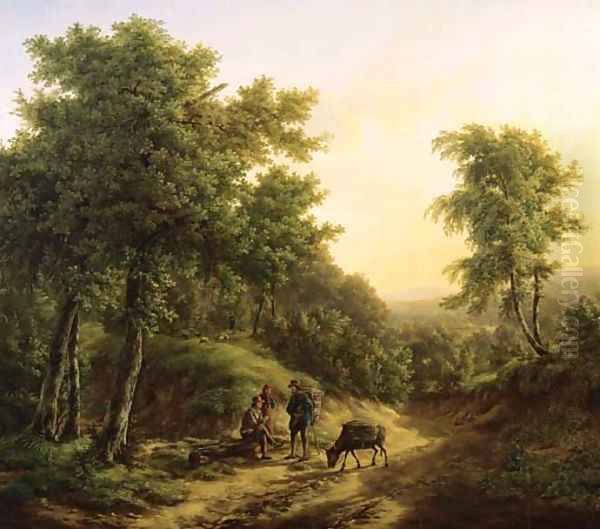 Travellers resting on a sandy track in a mountainous landscape Oil Painting by Pieter Bartholomeusz. Barbiers IV