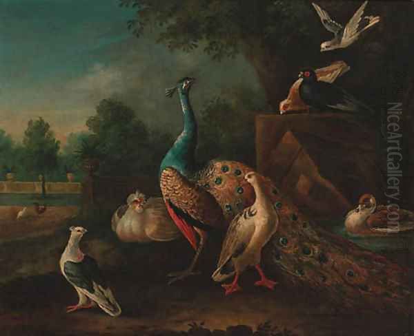 A peacock, ducks and pigeons by a pond, an ornamental lake beyond Oil Painting by Peter Casteels III
