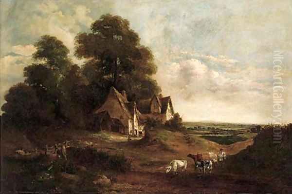 A cattle drover herding his cattle by a cottage, an extensive landscape beyond Oil Painting by John Moore Of Ipswich