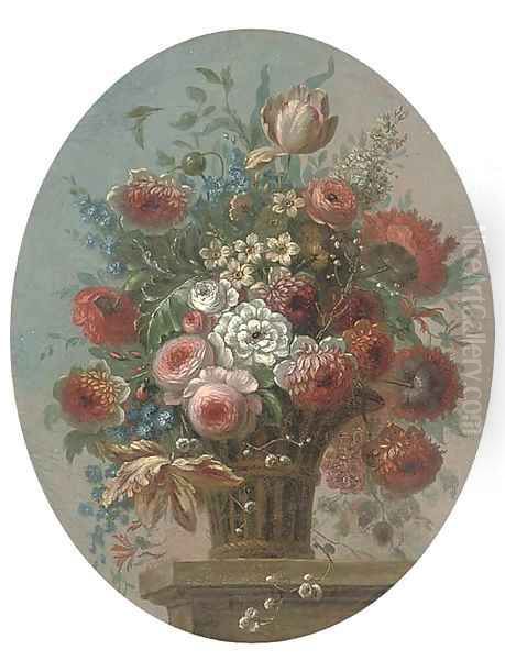 Roses, tulips, morning glory, narcissi and other flowers in a basket on a ledge 2 Oil Painting by Pieter Casteels III