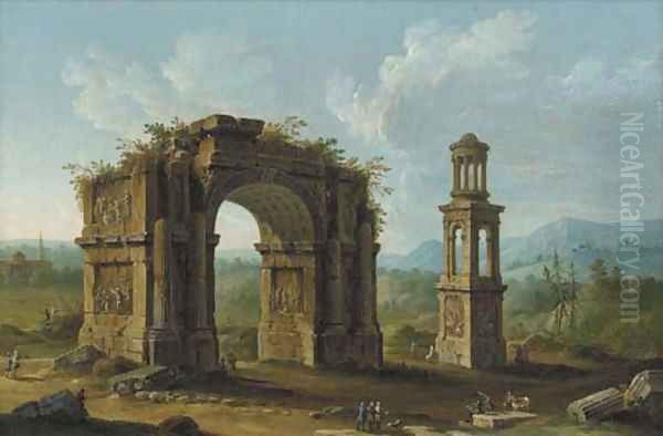 San Remy, Southern France, with ruins of a monumental arch and an early first-century tomb of the Julii at Glanum Oil Painting by Antonio Joli