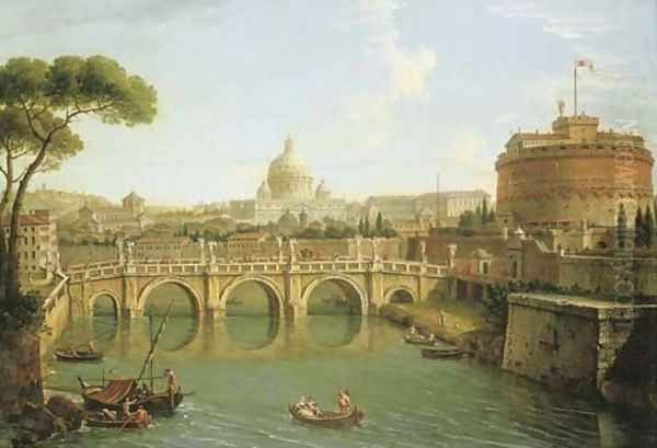 Rome, a view of the Tiber looking downstream with the Castel and Ponte Sant' Angelo, Saint Peter's Basilica and the Vatican, Santo Spirito in Sassia Oil Painting by Antonio Joli