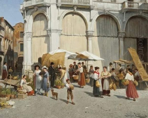 Le Marche Aux Fleurs Et Fruits A Padou, Italie Oil Painting by Jacques Carabain