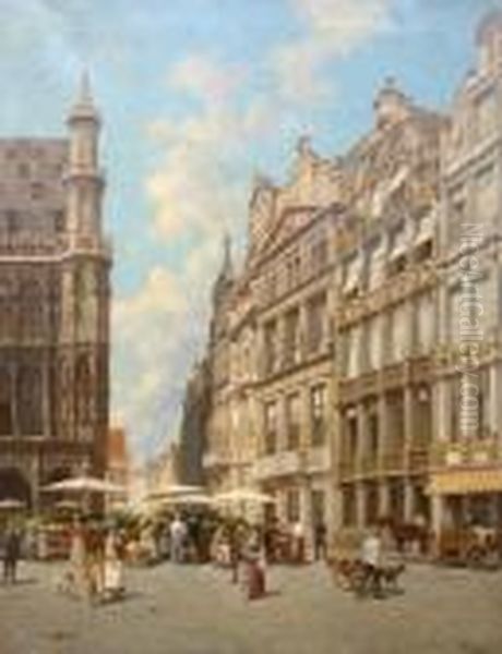 Le Marche Aux Fleurs Pres De La Grand' Place A Bruxelles
Doek - Toile, 116 X 91. Oil Painting by Jacques Carabain