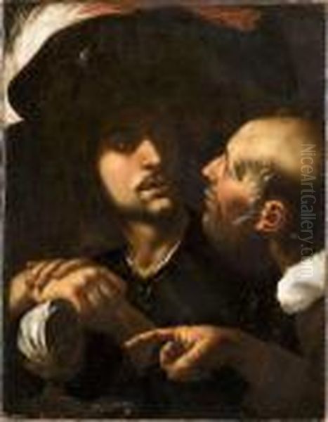 Soldat Conversant Avec Un Vieil Homme Oil Painting by Caravaggio