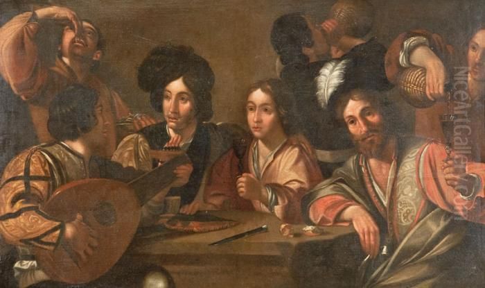 Scena Di Taverna Con Bevitori E Suonatore Di Liuto. Oil Painting by Caravaggio