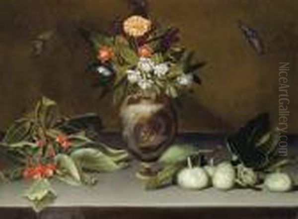 Narcissi And A Carnation In An Urn On A Stone Ledge With Cherries, Figs And Butterflies Oil Painting by Caravaggio