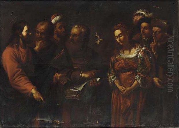Christ And The Woman Taken In Adultery Oil Painting by Caravaggio