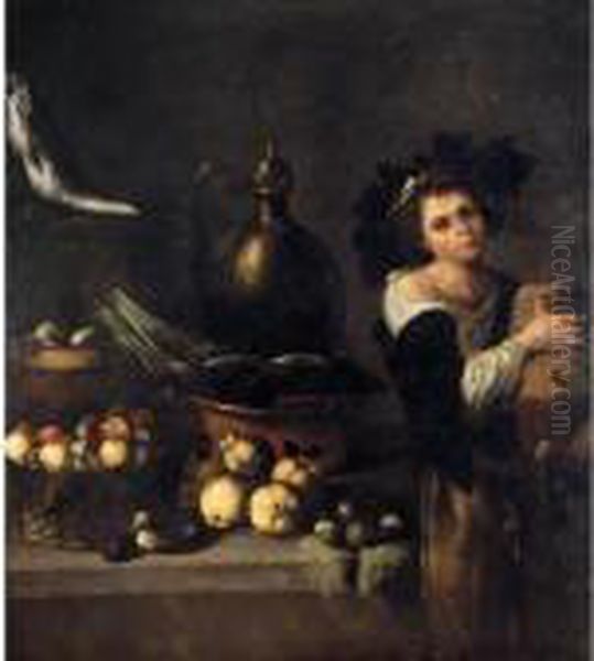 A Kitchen Still Life With A 
Servant Boy Holding A Cask Of Wine Beside A Table Laden With Fruit, 
Vegetables And Fish Oil Painting by Caravaggio