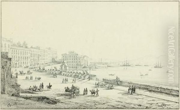 Une Paire De Vues De Naples : La Place Du Palais Royal Et Une Vue De Santa Lucia
 Plume Et Encre Noire, Lavis Gris Sur Traits De Crayon Noir Oil Painting by Consalvo Carelli
