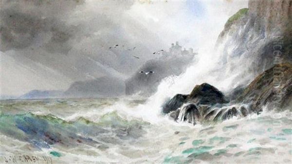The Sea Breaks White Among The Rocks Oil Painting by Joseph Carey Carey